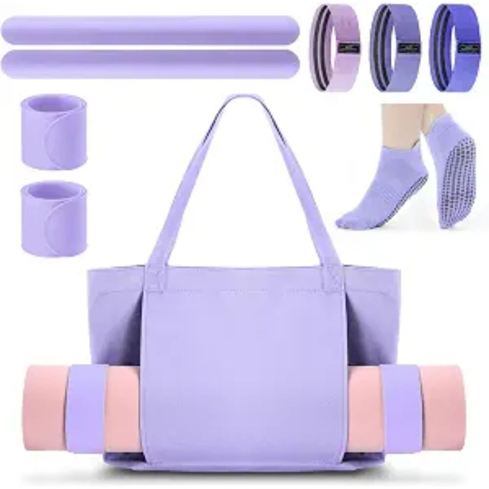 Halloscume Yoga Bag Set for Women with Mat Tote, Bands, Socks & Ties (Purple)